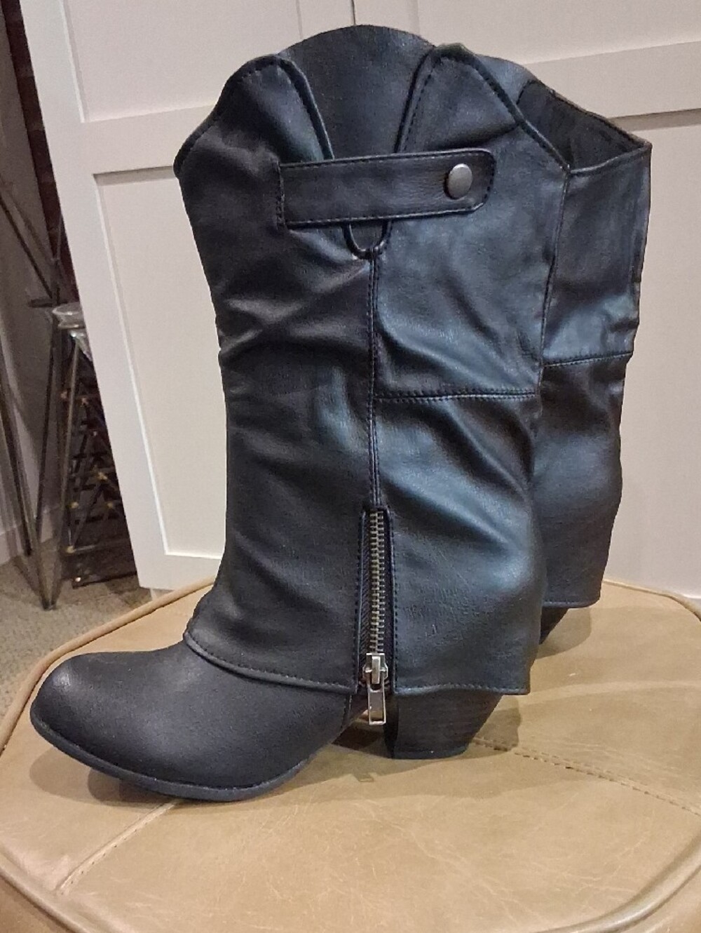 Cupid Black Mid-Calf Wedge Zip Boots Western Biker - Picture 3 of 10